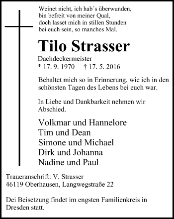 Traueranzeige von Tilo Strasser von Wochen-Anzeiger Oberhausen