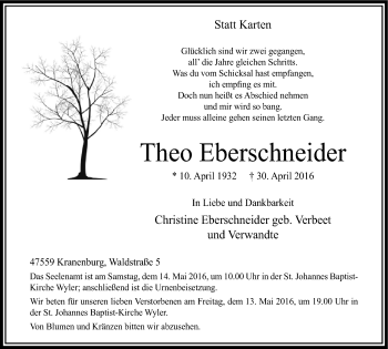 Traueranzeige von Theo Eberschneider von Klever Wochenblatt