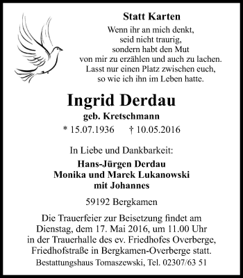 Traueranzeige von Ingrid Derdau von Stadtanzeiger Dortmund