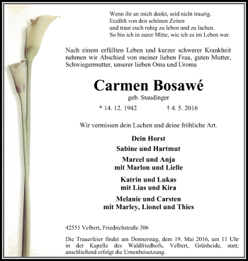 Traueranzeige von Carmen Bosawé von Stadtanzeiger Velbert + Heiligenhaus