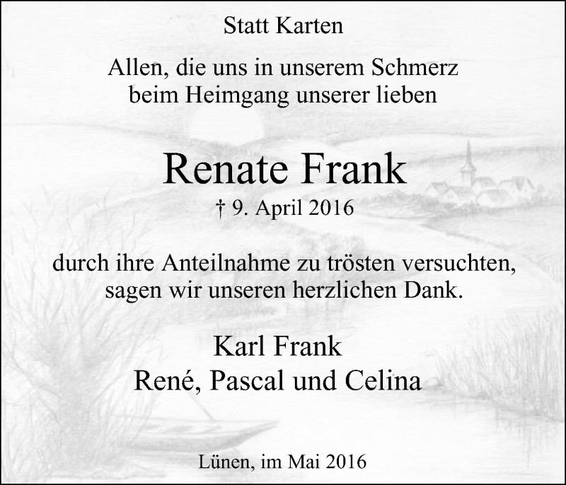  Traueranzeige für Renate Frank vom 07.05.2016 aus Lüner Anzeiger