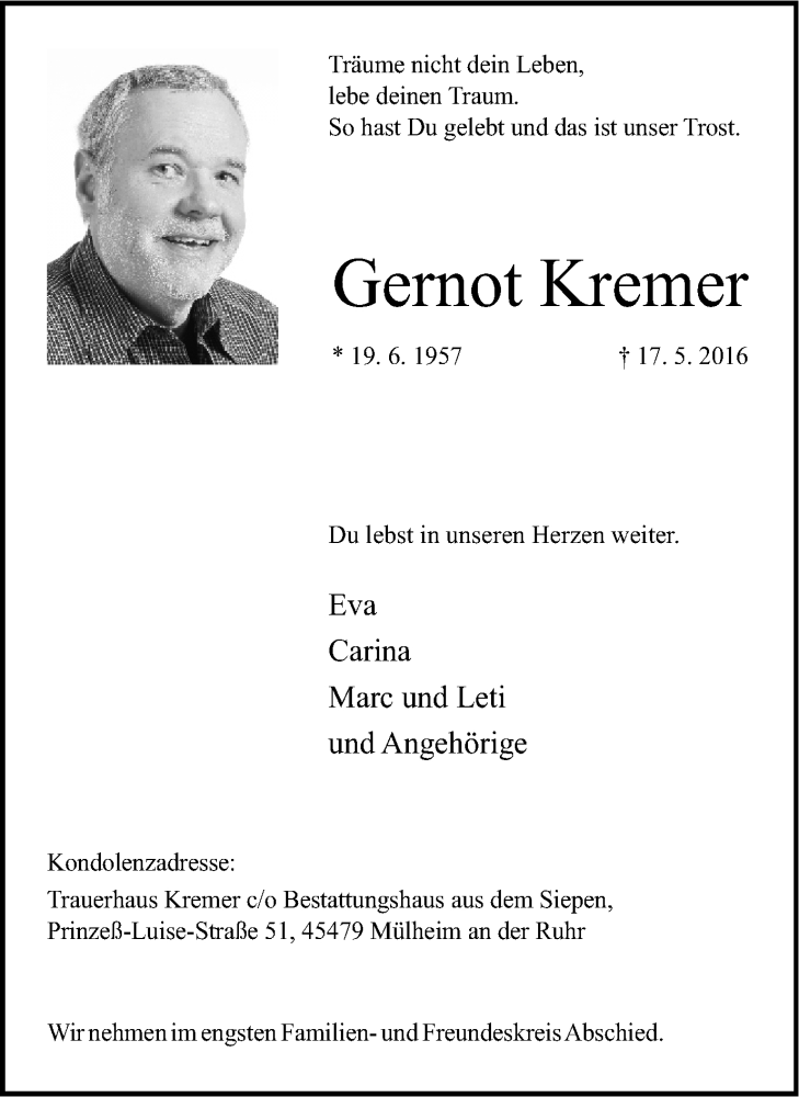  Traueranzeige für Gernot Kremer vom 25.05.2016 aus Mülheimer Woche