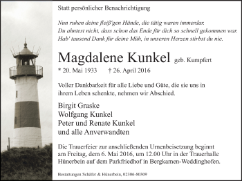 Traueranzeige von Magdalene Kunkel von Stadtspiegel Kamen + Unna