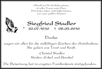 Traueranzeige von Siegfried Stadler von Stadtspiegel Bottrop
