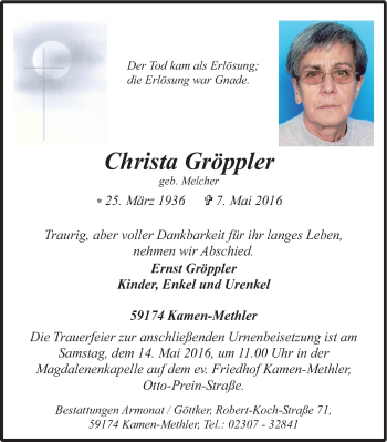 Traueranzeige von Christa Gröppler von Stadtspiegel Kamen + Unna