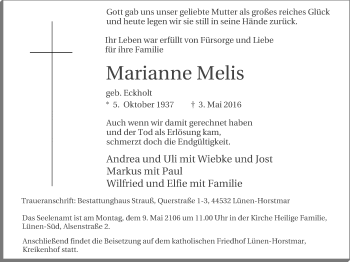 Traueranzeige von Marianne Melis von Lüner Anzeiger