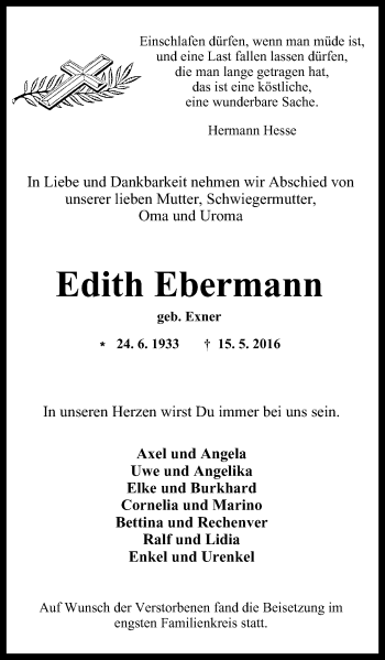 Traueranzeige von Edith Ebermann von Wochen-Anzeiger Oberhausen
