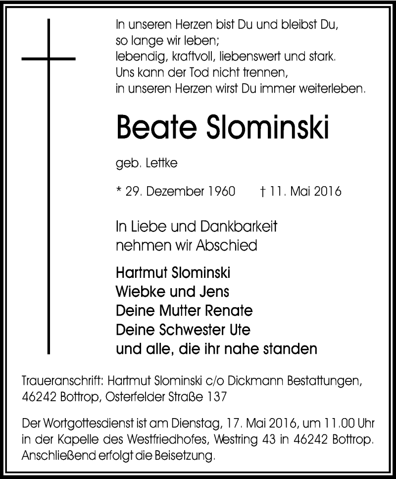  Traueranzeige für Beate Slominski vom 14.05.2016 aus Stadtspiegel Bottrop