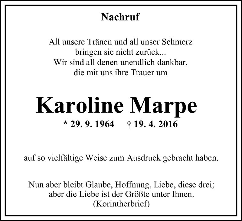  Traueranzeige für Karoline Marpe vom 25.05.2016 aus Stadtspiegel Gladbeck