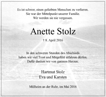Traueranzeige von Anette Stolz von Mülheimer Woche