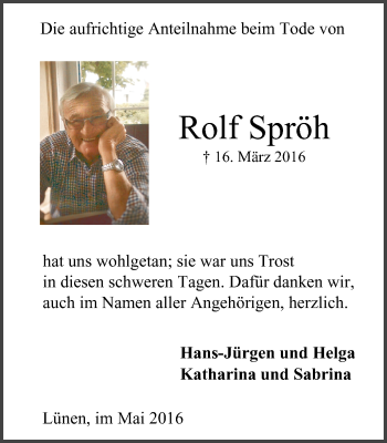 Traueranzeige von Rolf Spröh von Lüner Anzeiger