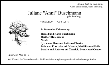 Traueranzeige von Juliane Buschmann von Lüner Anzeiger