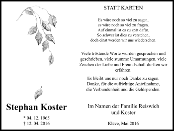 Traueranzeige von Stephan Koster von Klever + Gocher Wochenblatt + Stadtanzeiger Emmerich