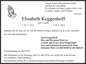 Traueranzeige von Elisabeth Keggenhoff von Stadtanz.Castrop-Rauxel