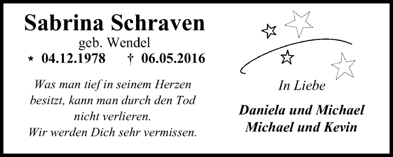  Traueranzeige für Sabrina Schraven vom 11.05.2016 aus Wochen-Anzeiger Oberhausen