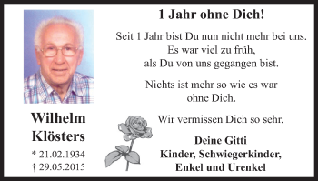 Traueranzeige von Wilhelm  Klösters von Wochen-Anzeiger Oberhausen