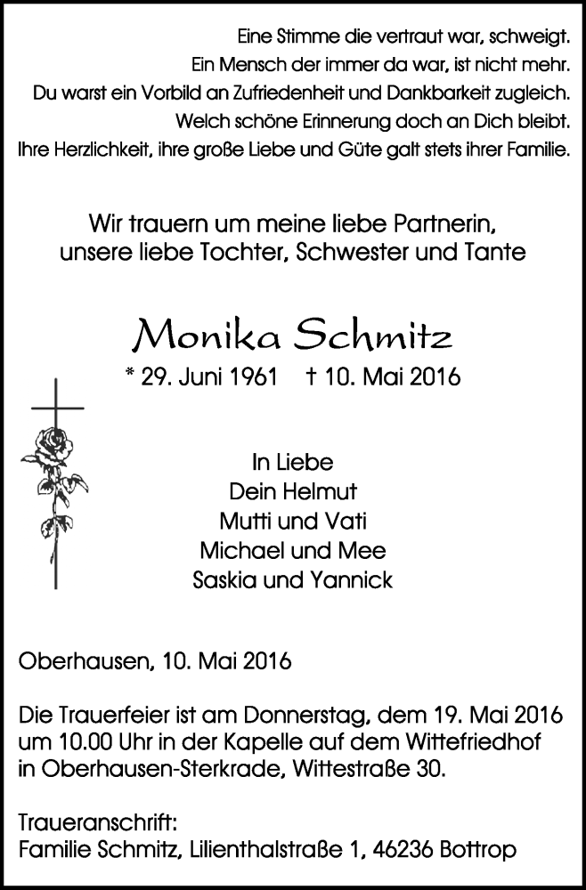  Traueranzeige für Monika Schmitz vom 14.05.2016 aus Stadtspiegel Bottrop