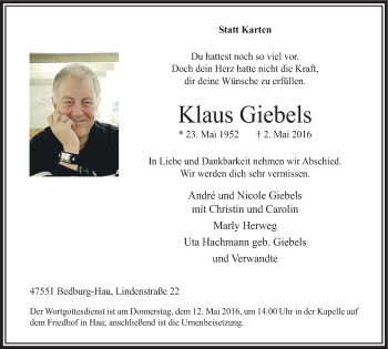 Traueranzeige von Klaus Giebels von Klever Wochenblatt