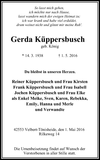 Traueranzeige von Gerda Küppersbusch von Stadtanzeiger Velbert + Heiligenhaus