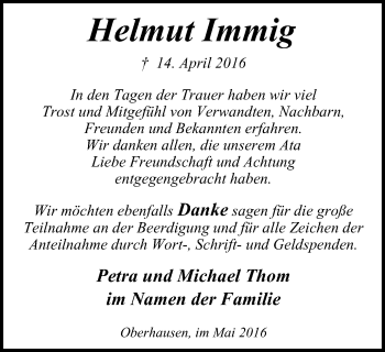 Traueranzeige von Helmut Immig von Wochen-Anzeiger Oberhausen