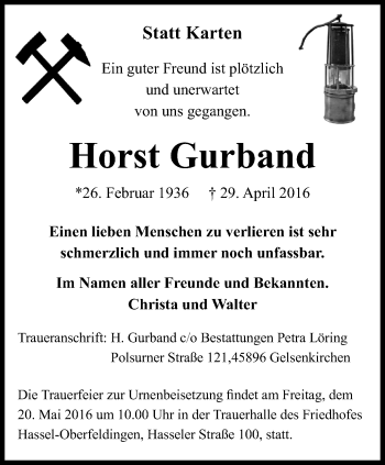 Traueranzeige von Horst Gurband von Stadtspiegel Gelsenkirchen