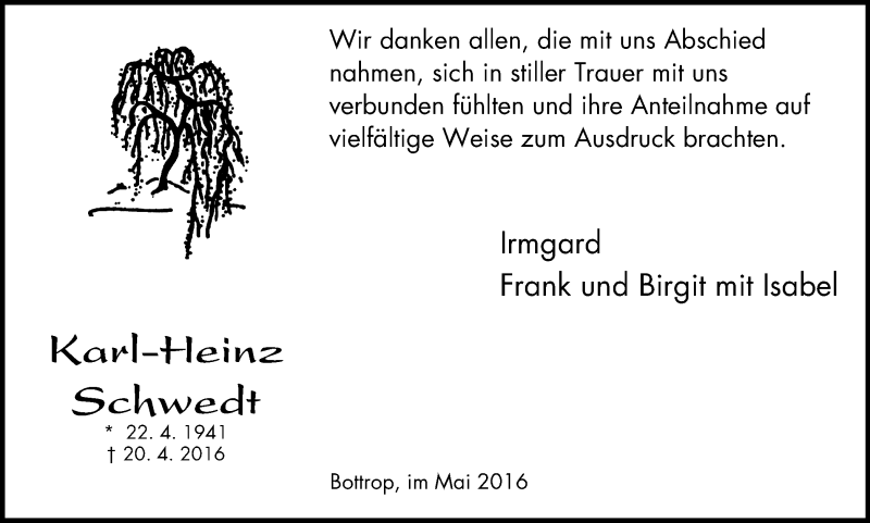  Traueranzeige für Karl-Heinz Schwedt vom 14.05.2016 aus Stadtspiegel Bottrop