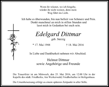 Traueranzeige von Edelgard Dittmar von Stadtanzeiger Velbert + Heiligenhaus