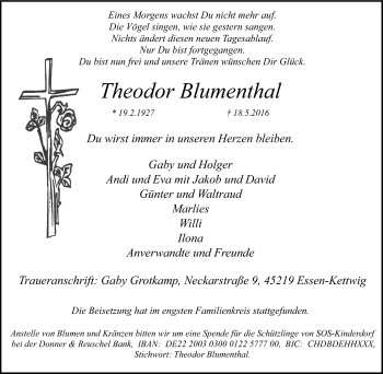 Traueranzeige von Theodor Blumenthal von Stadtanzeiger Velbert + Heiligenhaus