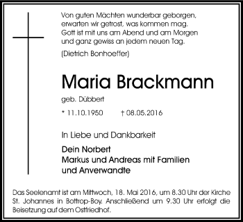 Traueranzeige von Maria Brackmann von Stadtspiegel Bottrop