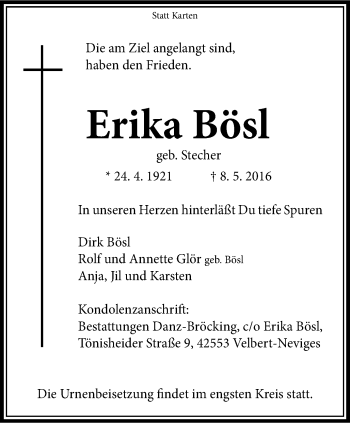 Traueranzeige von Erika Bösl von Stadtanzeiger Velbert + Heiligenhaus