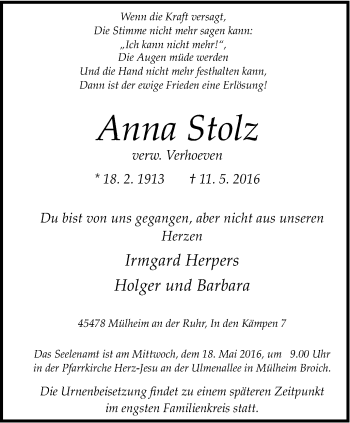 Traueranzeige von Anna Stolz von Mülheimer Woche