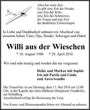 Traueranzeige von Willi aus der Wieschen von Mülheimer Woche