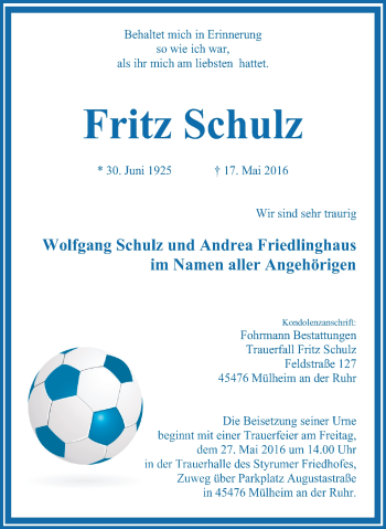 Traueranzeige von Fritz Schulz von Mülheimer Woche