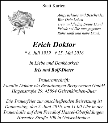 Traueranzeige von Erich Doktor von Stadtspiegel Gelsenkirchen