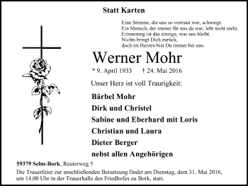 Traueranzeige von Werner Mohr von Lüner Anzeiger