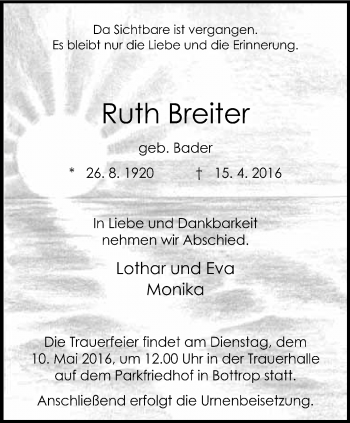 Traueranzeige von Ruth Breiter von Stadtspiegel Bottrop