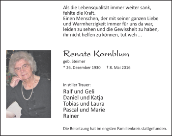 Traueranzeige von Renate Kornblum von Stadtspiegel Bottrop