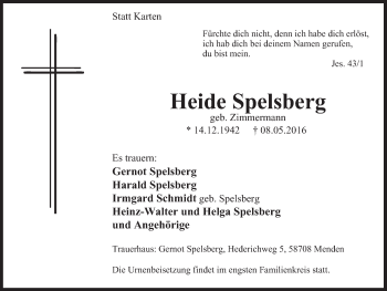 Traueranzeige von Heide Spelsberg von Stadtspiegel Menden + Froendenberg