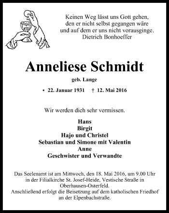 Traueranzeige von Anneliese Schmidt von Wochen-Anzeiger Oberhausen