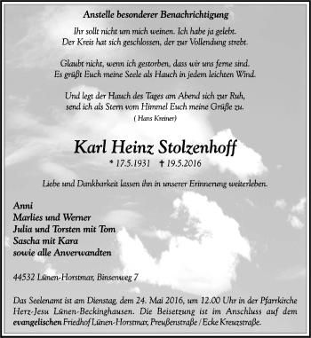 Traueranzeige von Karl Heinz Stolzenhoff von Lüner Anzeiger