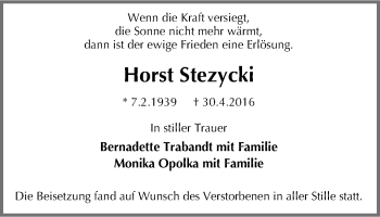 Traueranzeige von Horst Stezycki von Stadtspiegel Bochum + Wattenscheid