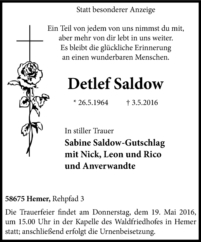 Traueranzeigen von Detlef Saldow TrauerinNRW.de
