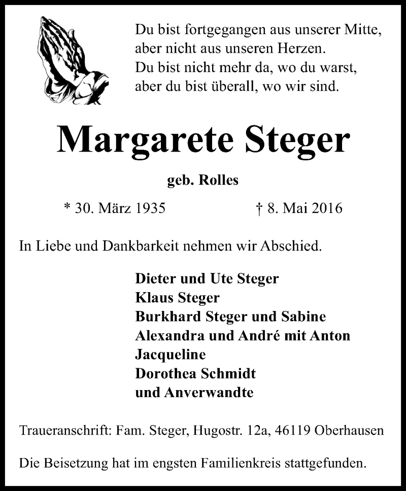  Traueranzeige für Margarete Steger vom 21.05.2016 aus Wochen-Anzeiger Duisburg