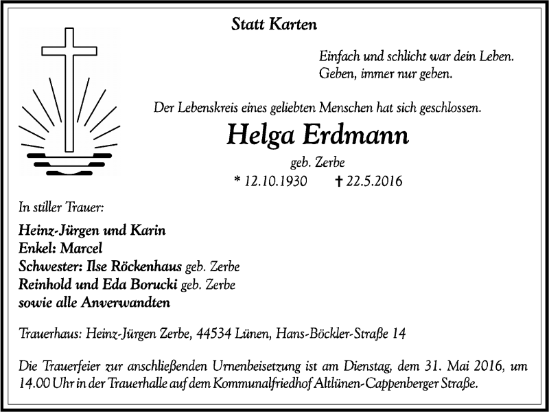  Traueranzeige für Helga Erdmann vom 25.05.2016 aus Lüner Anzeiger