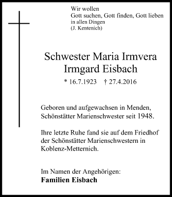 Traueranzeige von Irmgard Eisbach von Stadtspiegel Menden + Froendenberg