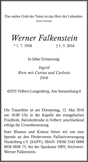 Traueranzeige von Werner Falkenstein von Stadtanzeiger Velbert + Heiligenhaus