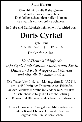 Traueranzeige von Doris Cyrkel von Stadtspiegel Gladbeck