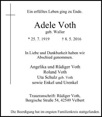 Traueranzeige von Adele Voth von Stadtanzeiger Velbert + Heiligenhaus