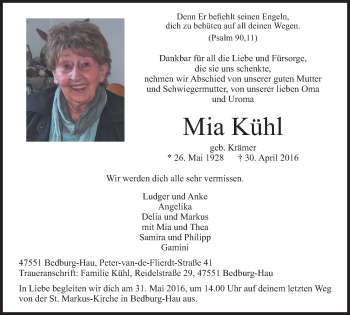 Traueranzeige von Mia Kühl von Klever + Gocher Wochenblatt