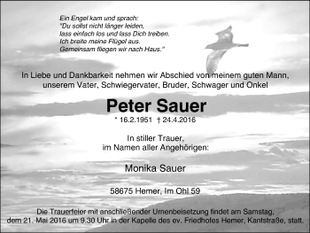 Traueranzeige von Peter Sauer von Stadtspiegel Iserlohn + Hemer